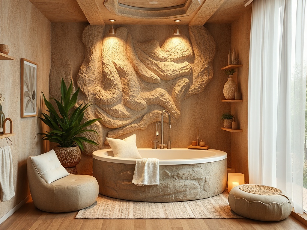 Современная ванная комната с уютной атмосферой, искусственной стеной и растениями для создания комфортного пространства.