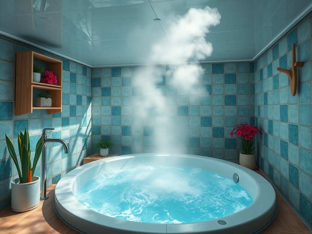 Современная ванная комната с джакузи, окруженная голубой плиткой и зелеными растениями, наполняемая паром.