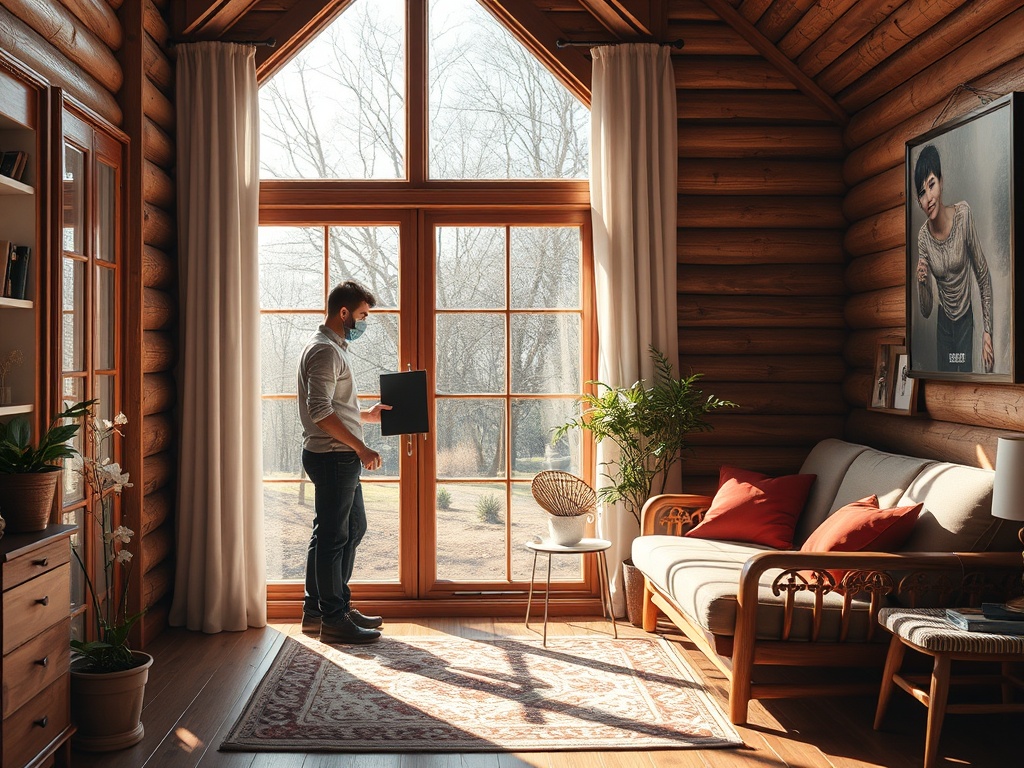 Молодой человек в маске держит планшет и смотрит в окно уютного деревянного дома с растениями внутри.