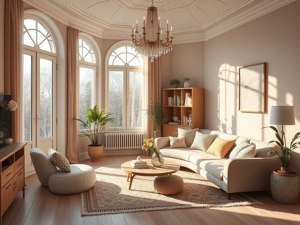 Светлая гостиная с большими окнами, растениями и уютной мебелью, обрамленная нежными шторами.