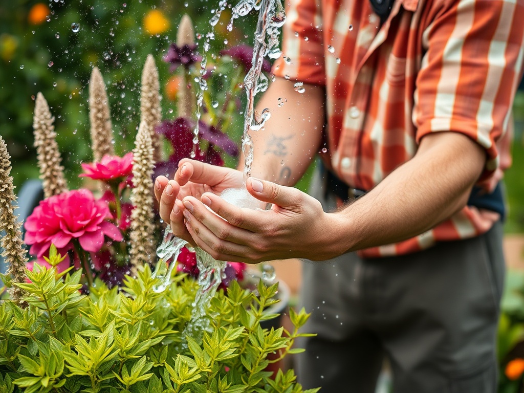 Человек льет воду из ладоней на зеленые растения и цветы в саду. Яркие цвета и блестящие капли воды.