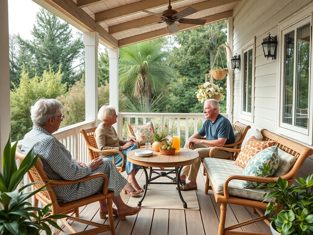 На веранде сидят трое пожилых людей, беседуют, наслаждаясь напитками и покоем природы вокруг.