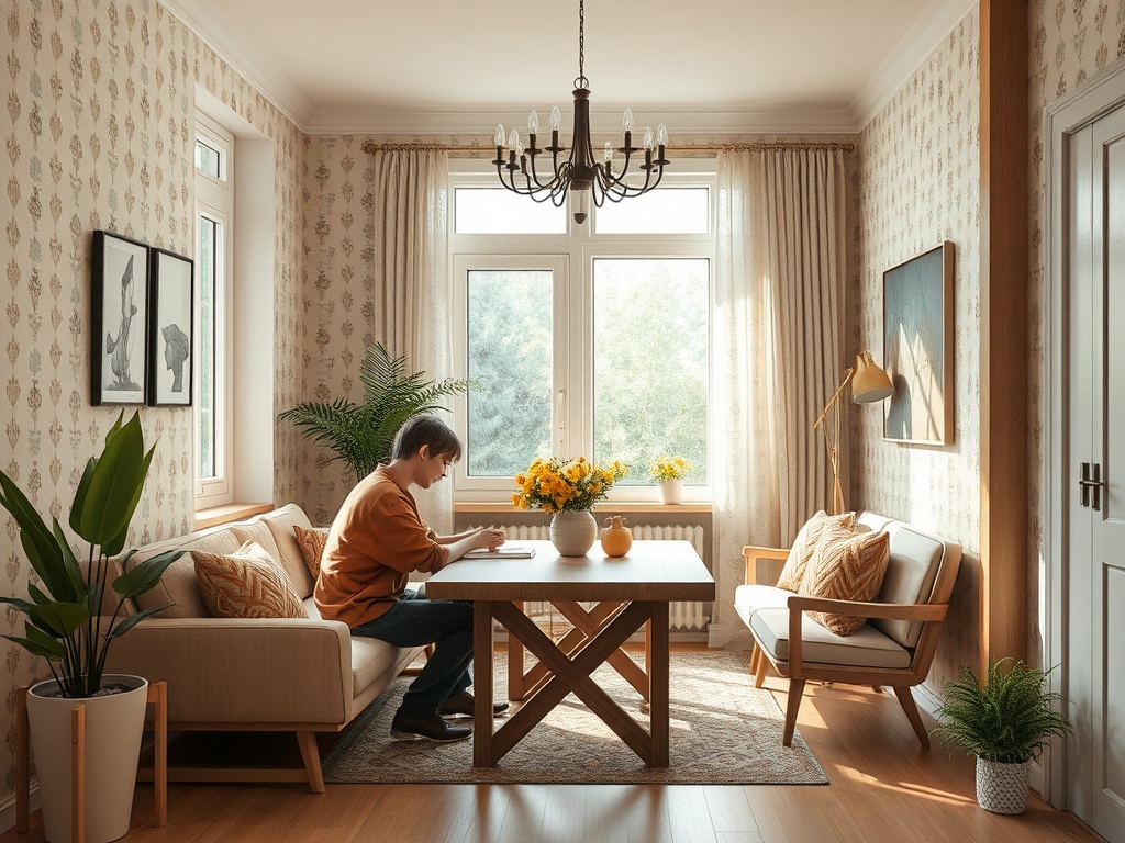 На уютной кухне мужчина сидит за столом, сосредоточенно работает, окруженный зелеными растениями и цветами.