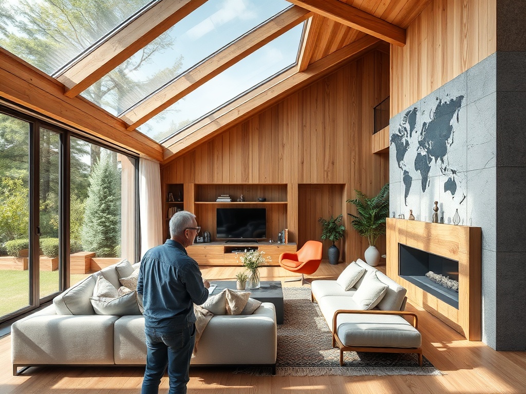 Современный дом с деревянными стенами, большими окнами и стильной мебелью в уютной гостиной.