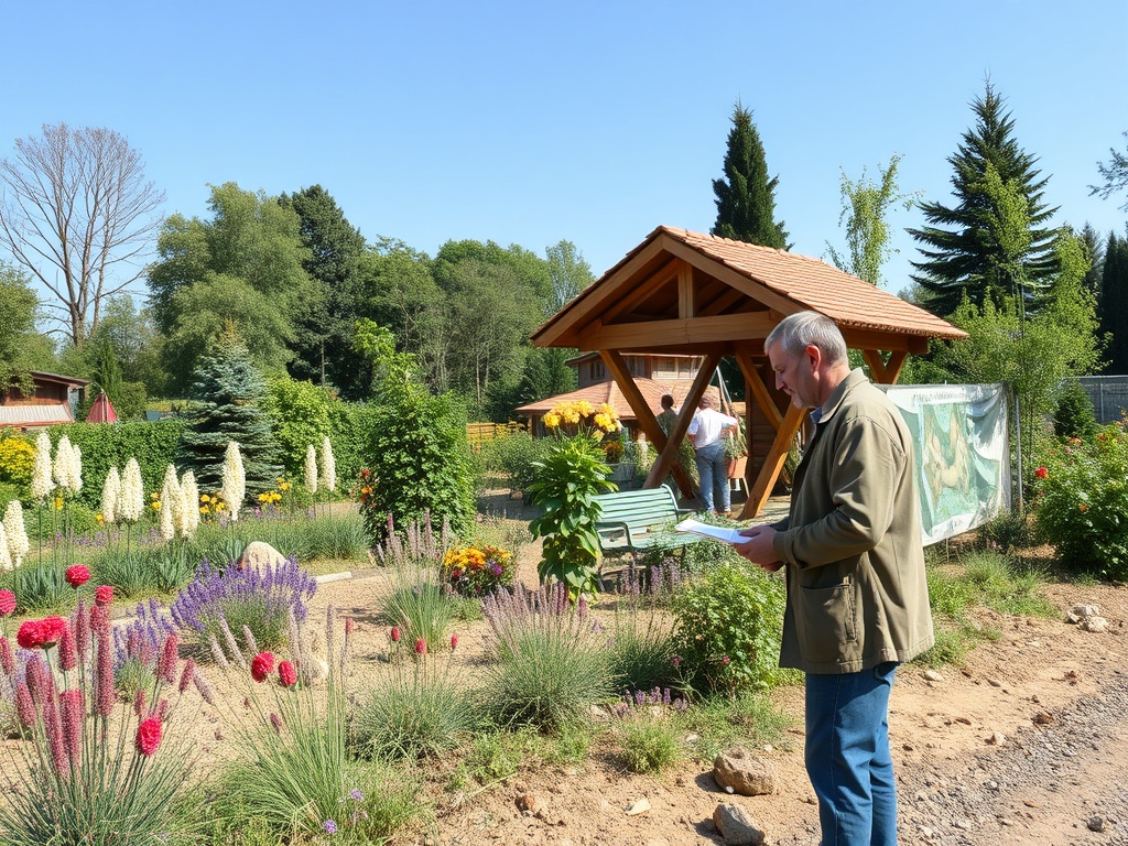 Человек изучает карту на фоне цветущего сада с беседкой и разнообразными цветами под ясным небом.