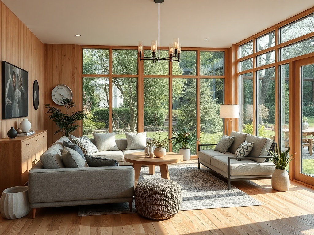 Светлая гостиная с большими окнами, уютной мебелью и зелеными растениями. Естественный свет наполняет пространство.