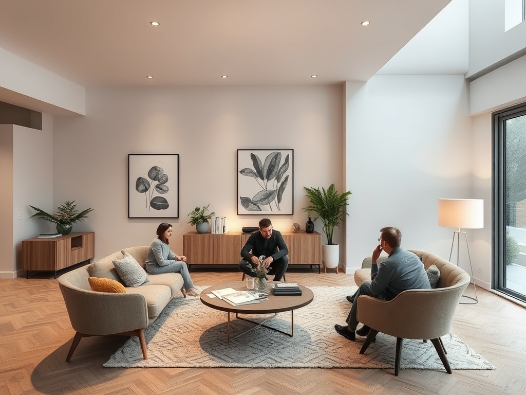 Трое людей в современном интерьере обсуждают что-то на круглом столе в уютной гостиной.