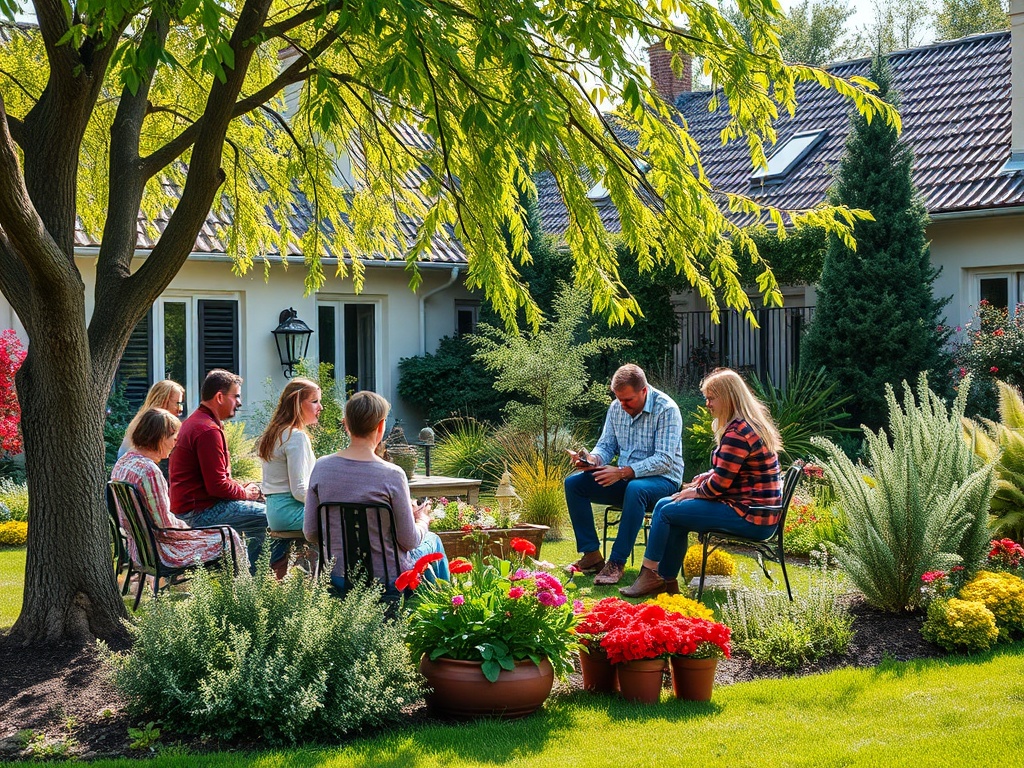На уютном заднем дворе группа людей отдыхает и общается среди зелени и цветущих растений.