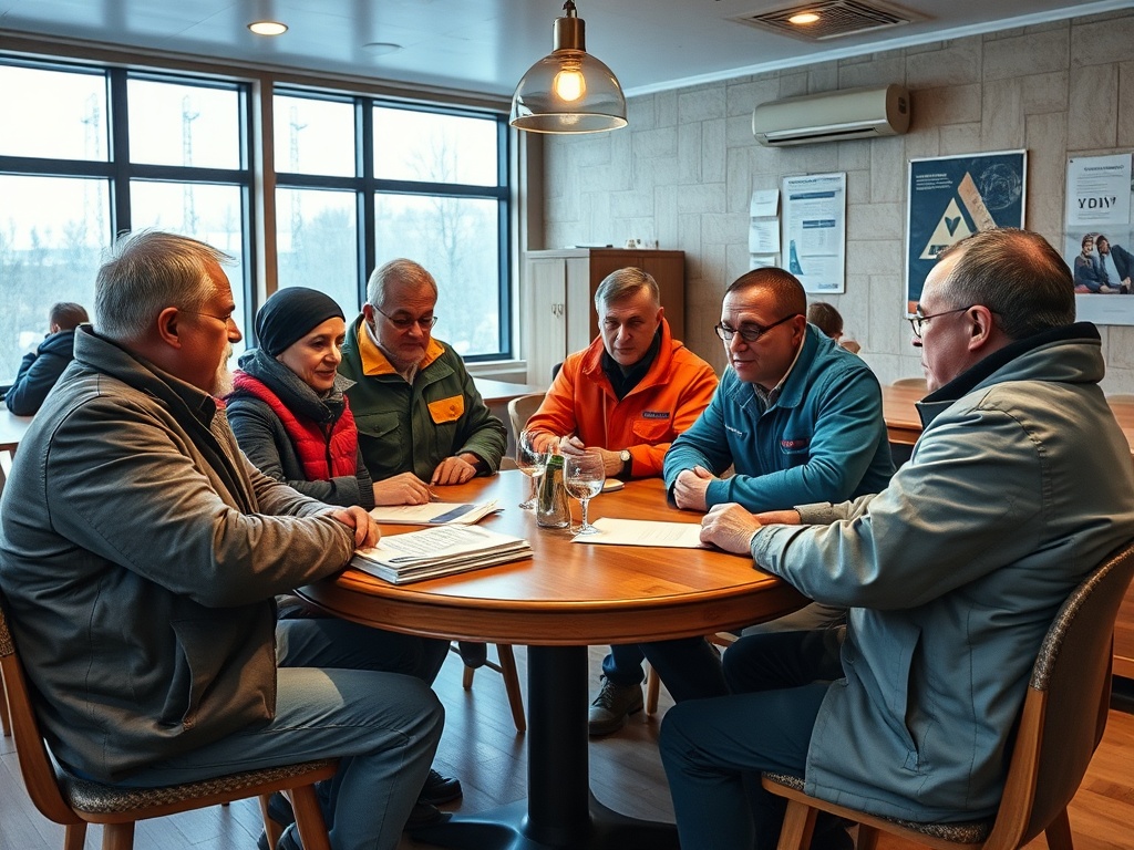 На встрече за круглым столом обсуждают рабочие вопросы, люди в теплой одежде и уютной обстановке.