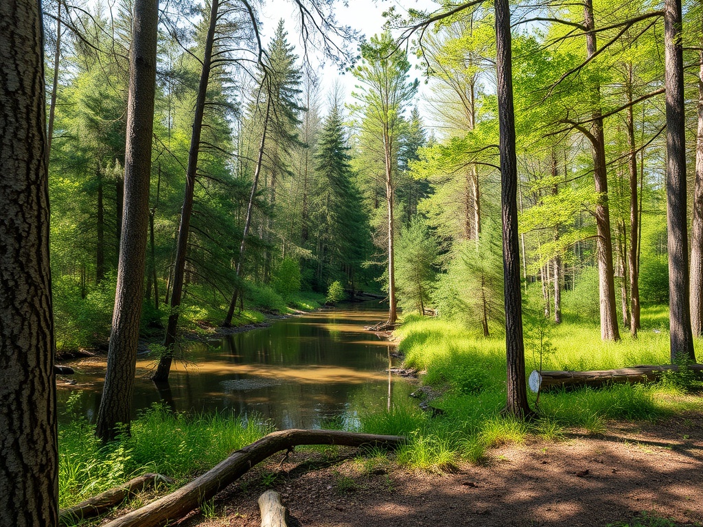 Спокойное озеро среди леса, окруженное высокими деревьями и зелеными кустарниками, под ярким солнцем.