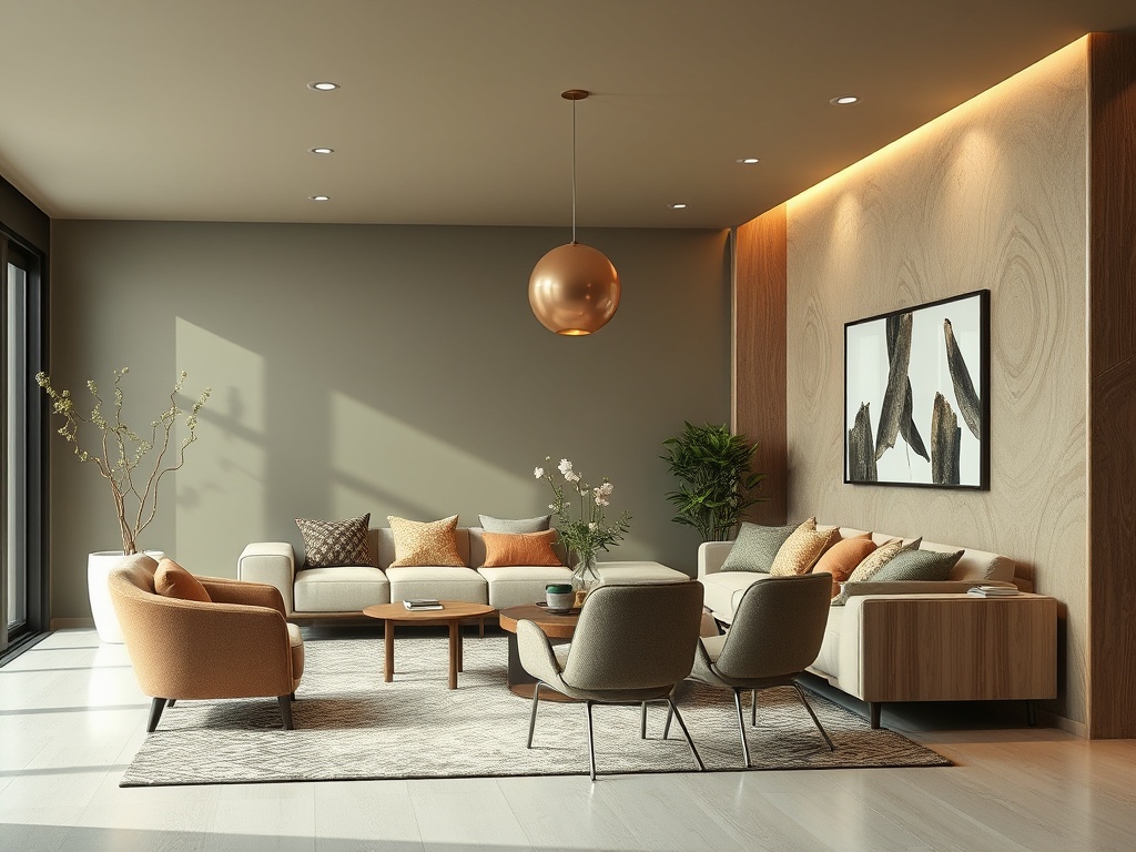 Современный светлый интерьер гостиной с уютной мебелью и растениями. Стены в нейтральных тонах.