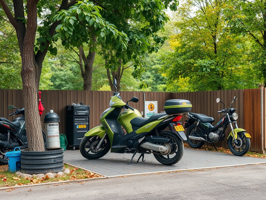 Парковка для скутеров, среди деревьев и зеленой листвы, несколько мотоциклов и ящик с инструментами.