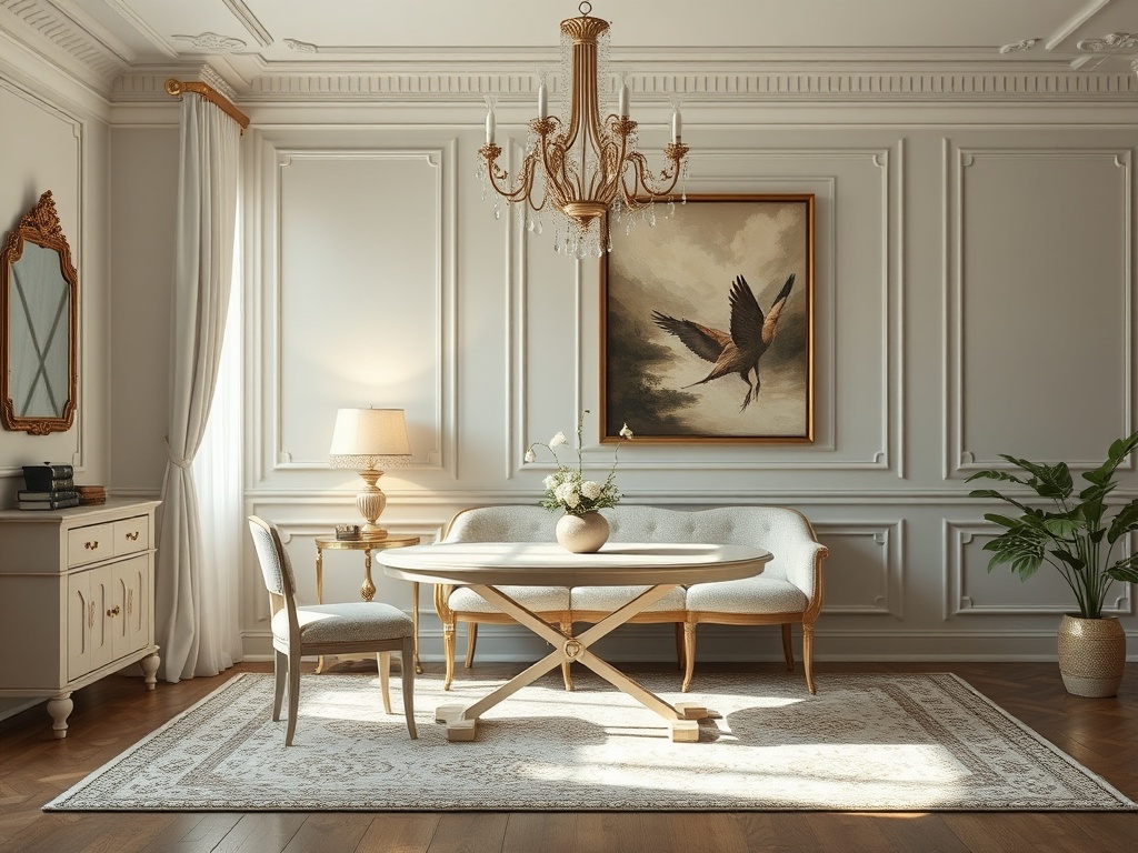 Элегантный интерьер: круглый стол, стулья, картина с птицей, люстра и растения на фоне светлых стен.