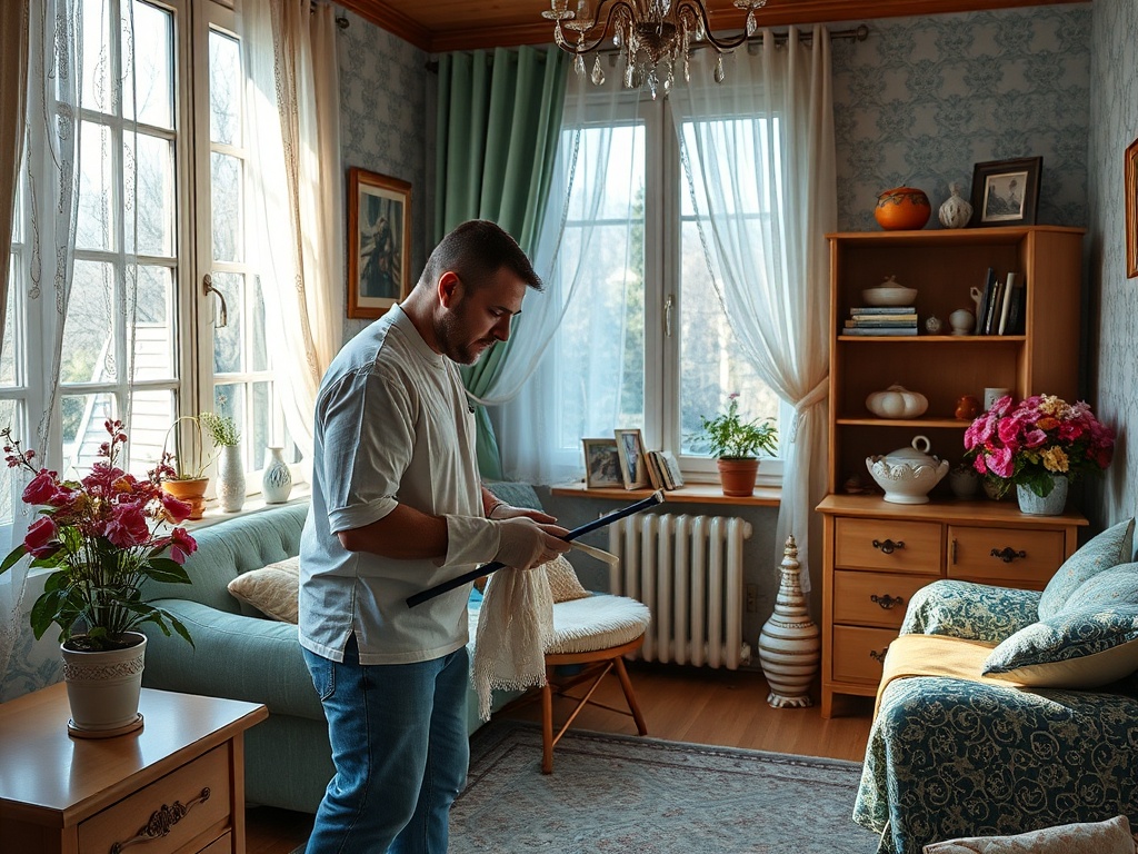 Мужчина убирается в уютной комнате с цветами и мебелью, освещенной естественным светом из окон.