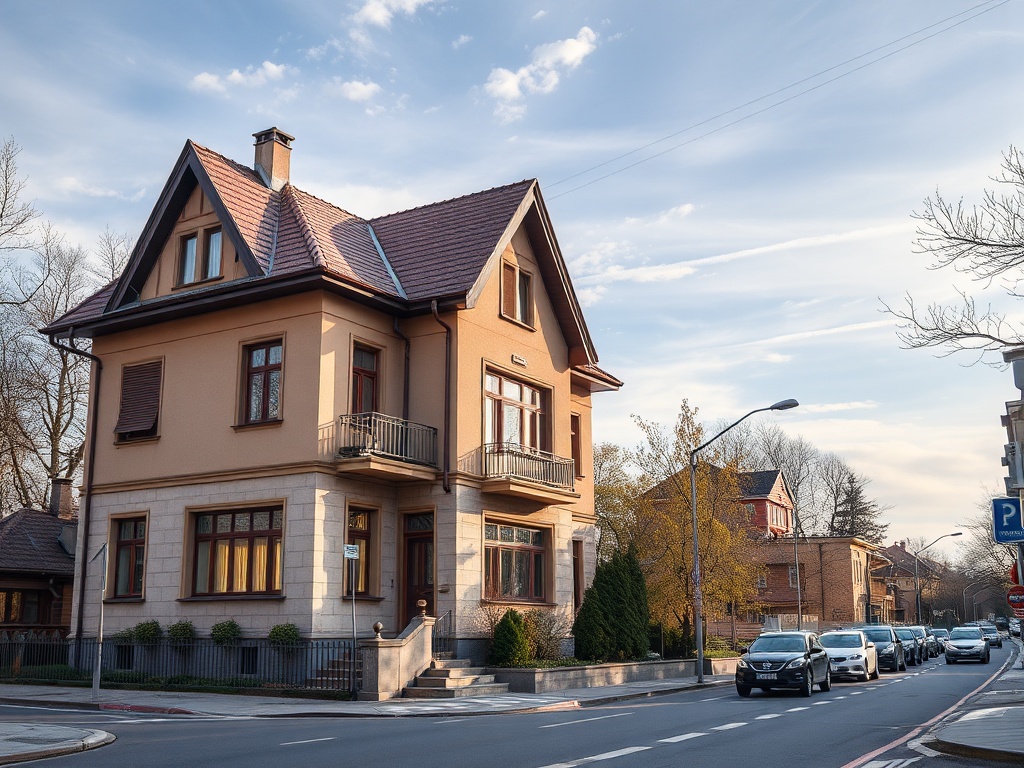 Современный дом на улице, окруженный деревьями и автомобилями, ясное небо на фоне.