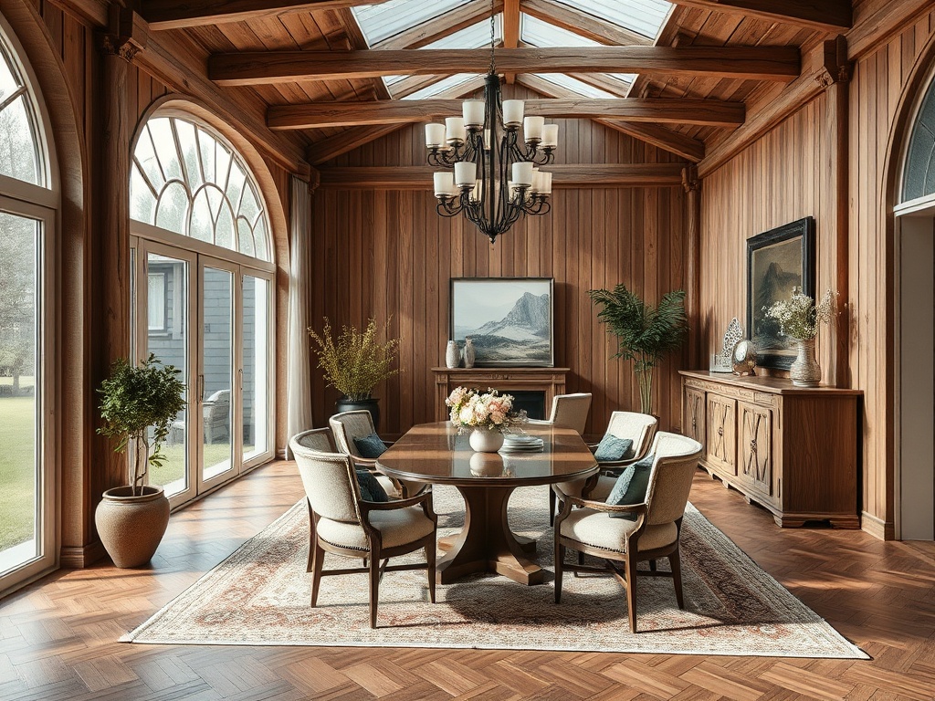Светлая комната с деревянными стенами, обеденный стол и уютные стулья, большие окна и хрустальная люстра.