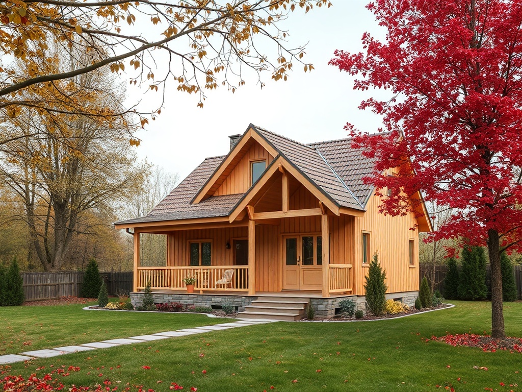 Деревянный дом с террасой, окружённый зелёным газоном и яркими осенними деревьями.