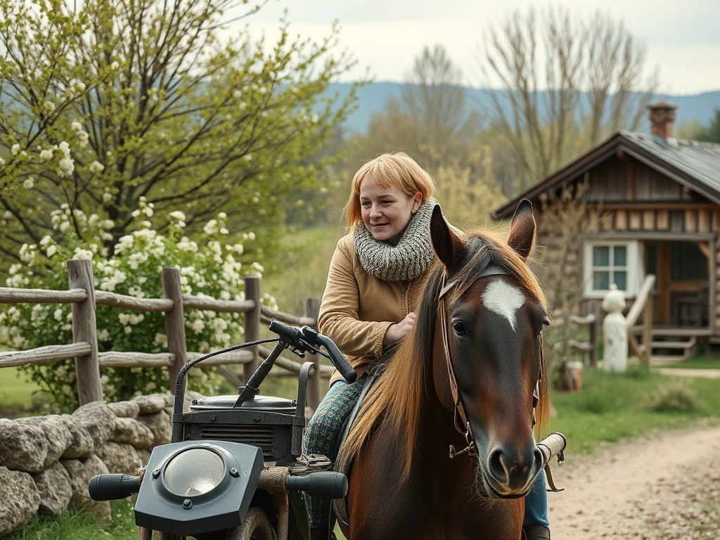 Женщина с короткими светлыми волосами катится на лошади по дорожке рядом с домом на природе.