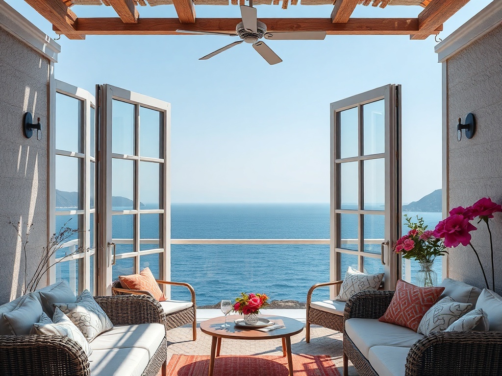 Открытая веранда с комфортной мебелью и великолепным видом на море и горы. Цветы в вазах добавляют уюта.