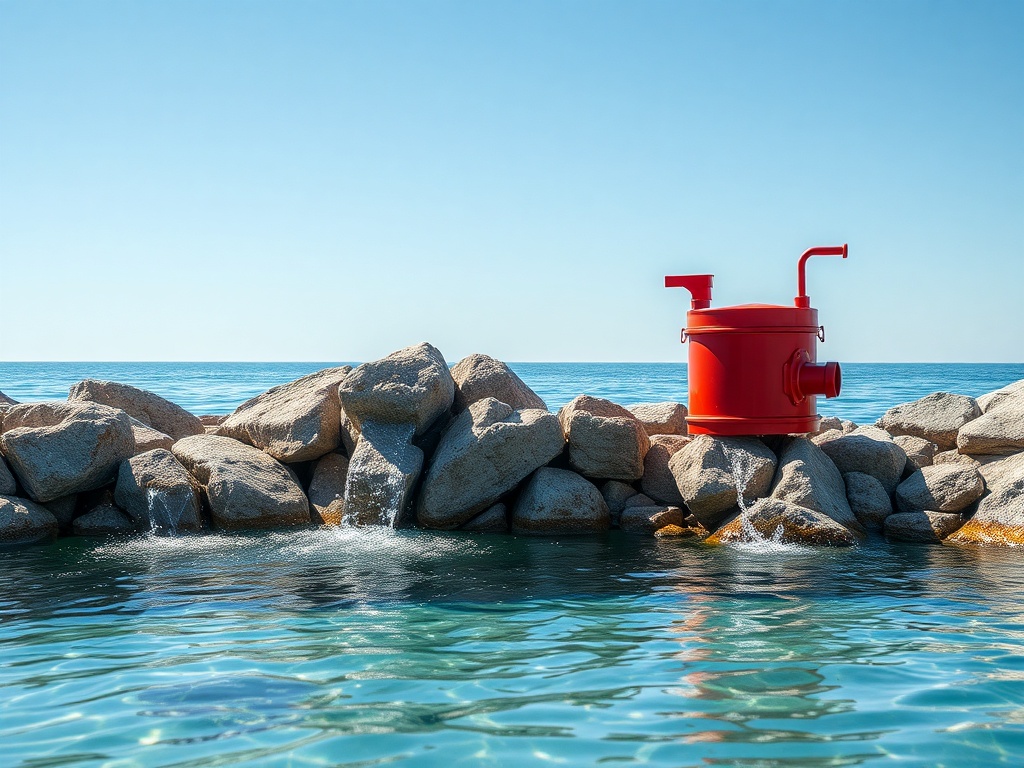 На берегу моря стоит красная бочка, окруженная камнями, и вода тихо плещется вокруг.