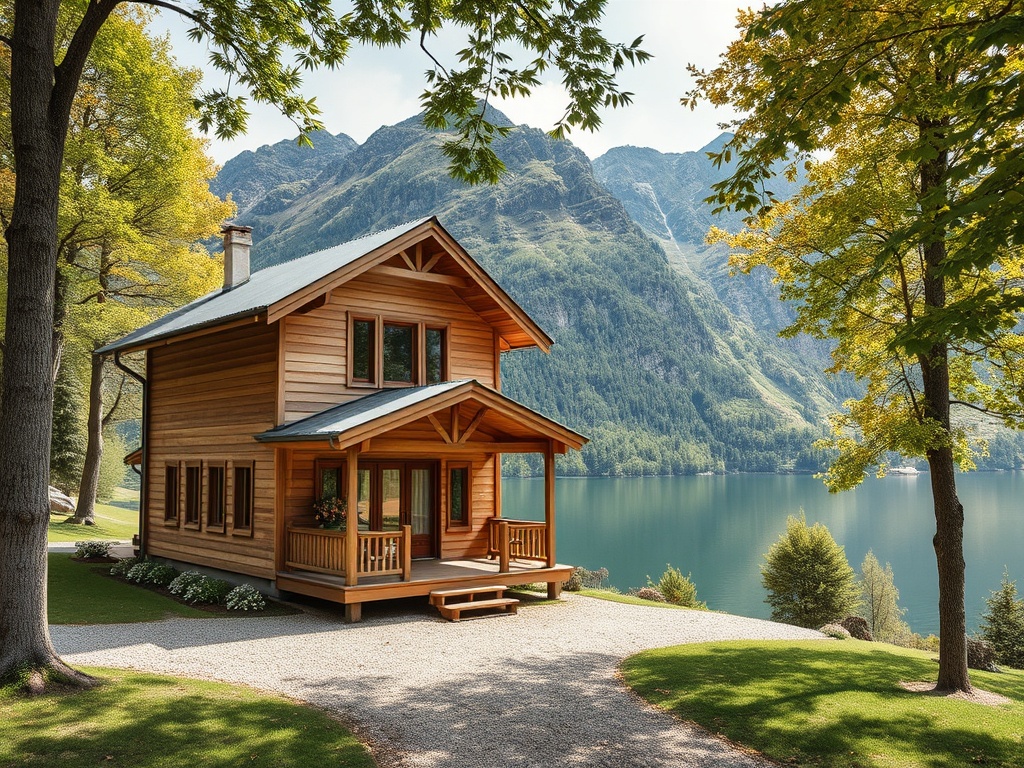 Деревенский дом у озера, окруженный горами и зелеными деревьями. Тихая и спокойная атмосфера.