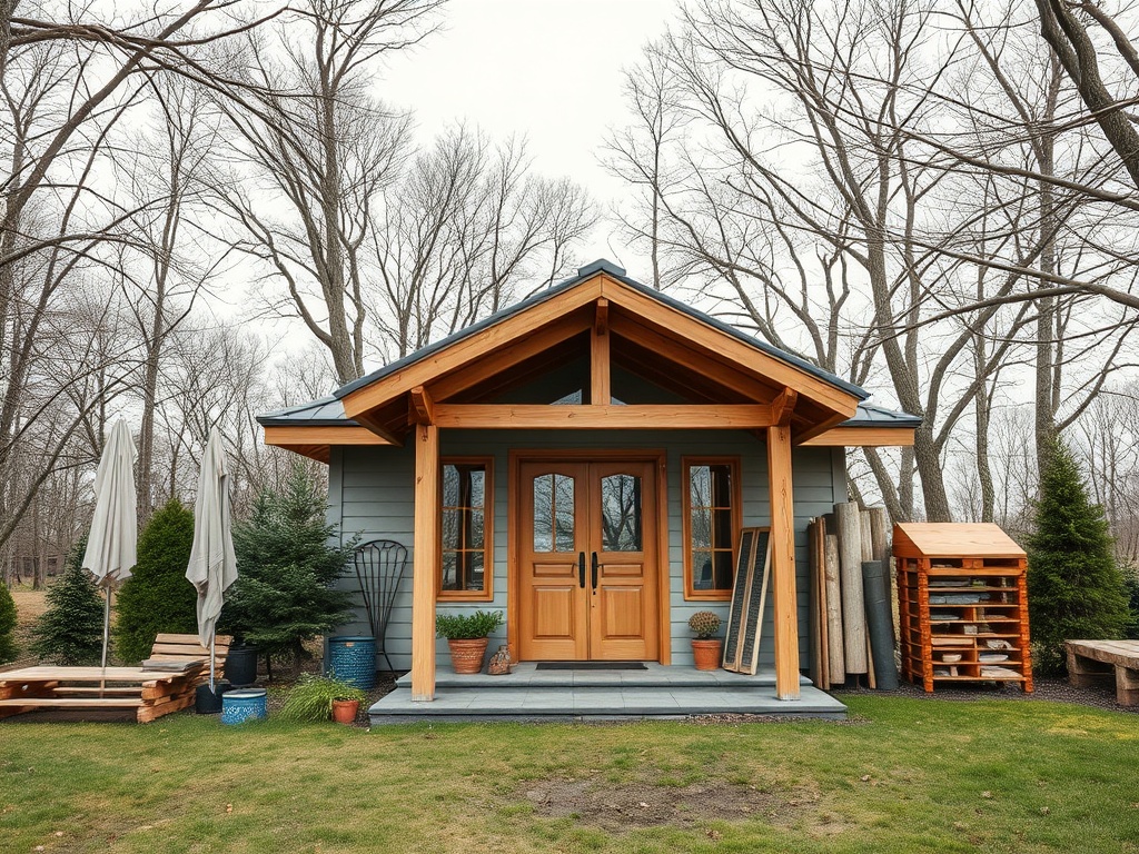 Красивая деревянная хижина с двустворчатыми дверями, окруженная деревьями и небольшим садом.