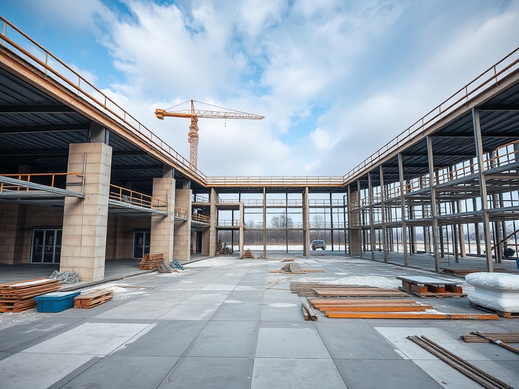 Строительная площадка с недостроенным зданием, кранами и строительными материалами под открытым небом.