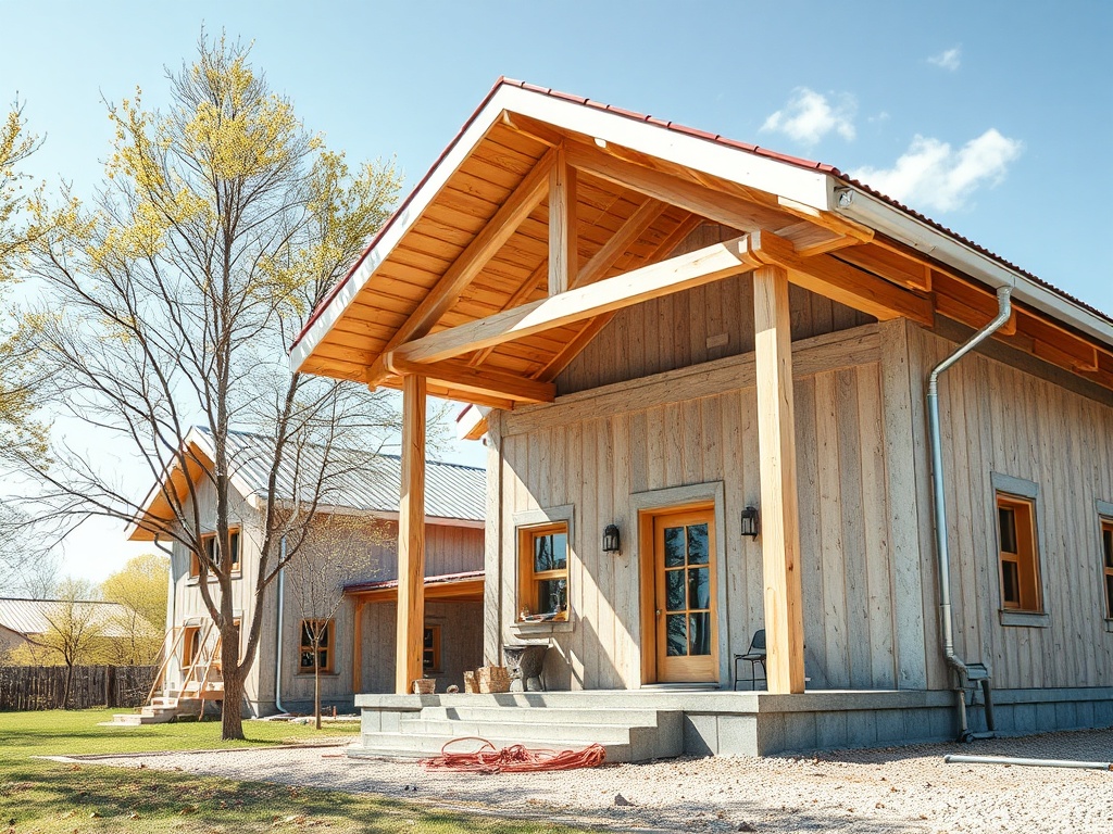 Два деревянных дома с просторными верандами на фоне деревьев и ясного неба. Тихое и уютное место.