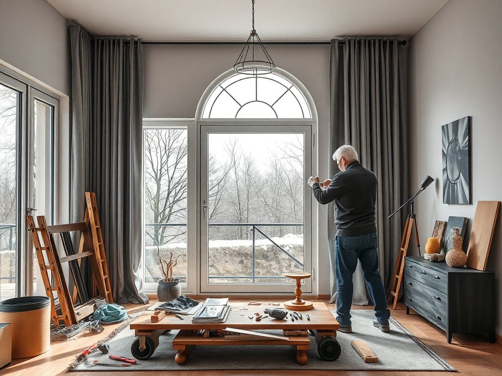 Мужчина работает в светлой комнате с большими окнами, окруженный инструментами и деревянной мебелью.