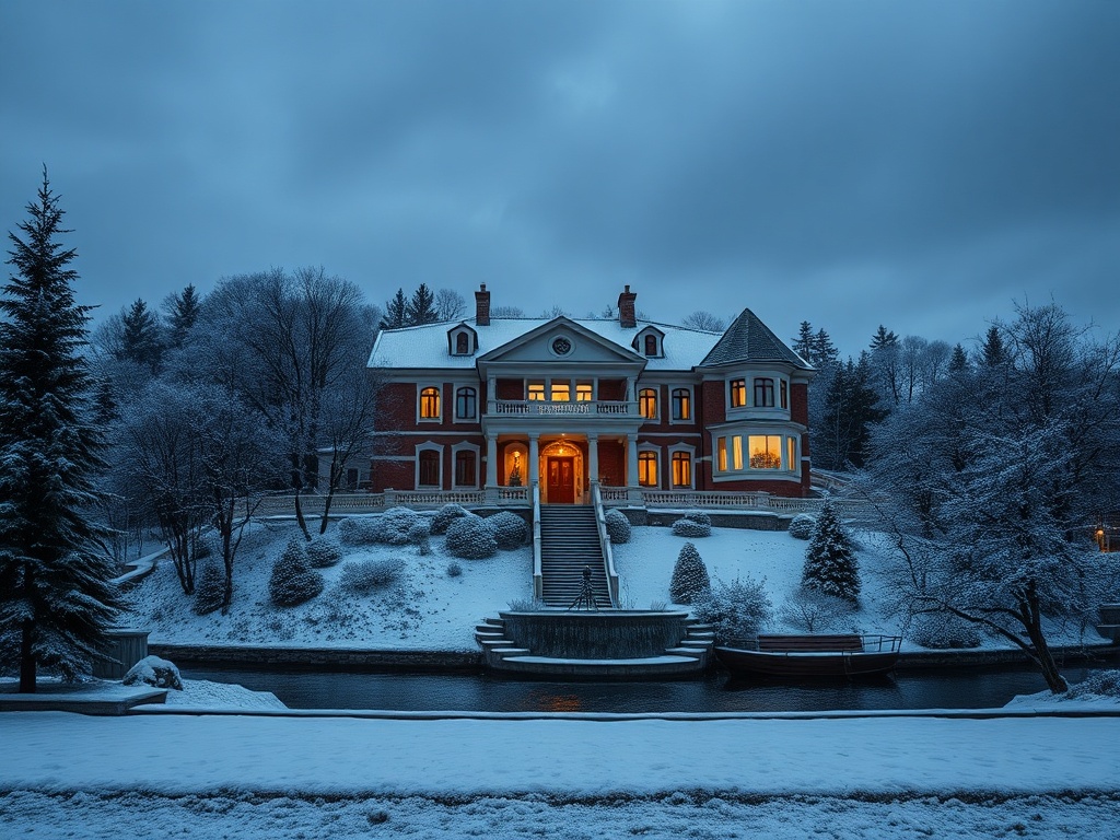 Зимний вечер у роскошного особняка, окруженного снежным пейзажем и деревьями. Окна светятся тёплым светом.