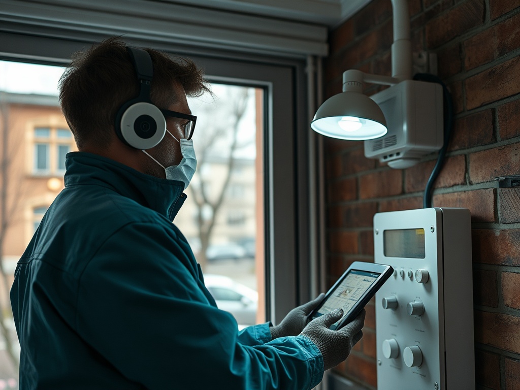 Человек в наушниках и маске использует планшет, изучая настройки контроллера на стене.