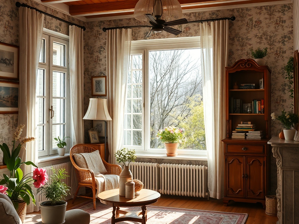 Светлая гостиная с растениями, уютной мебелью и окном, через которое видно природу за пределами.