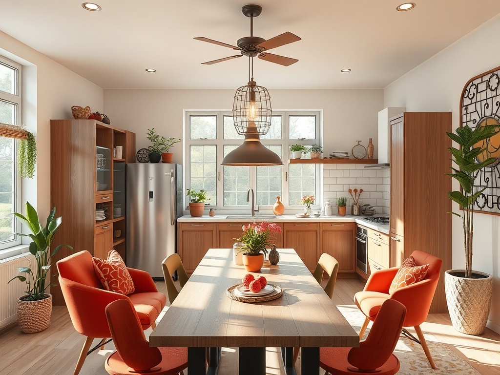 Светлая кухня с деревянной мебелью, столом, стульями и растениями. Уютная атмосфера для общения и готовки.