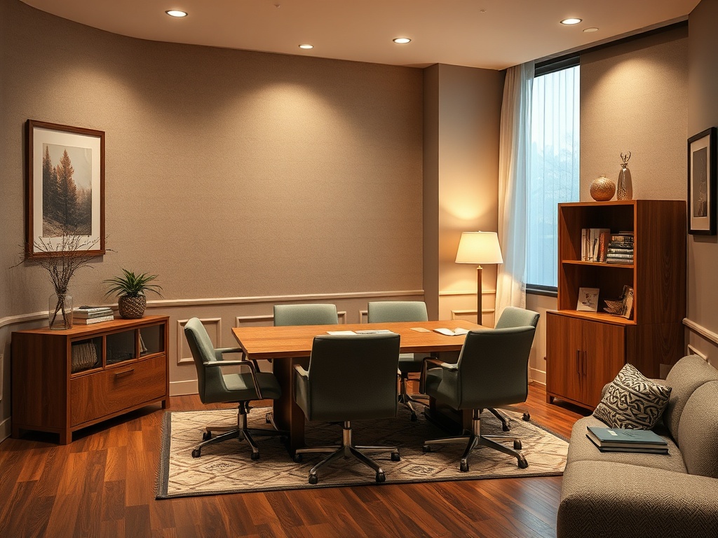 Современный офис: стол, стулья, книжный шкаф и уютное освещение. А теплые тона создают атмосферу.
