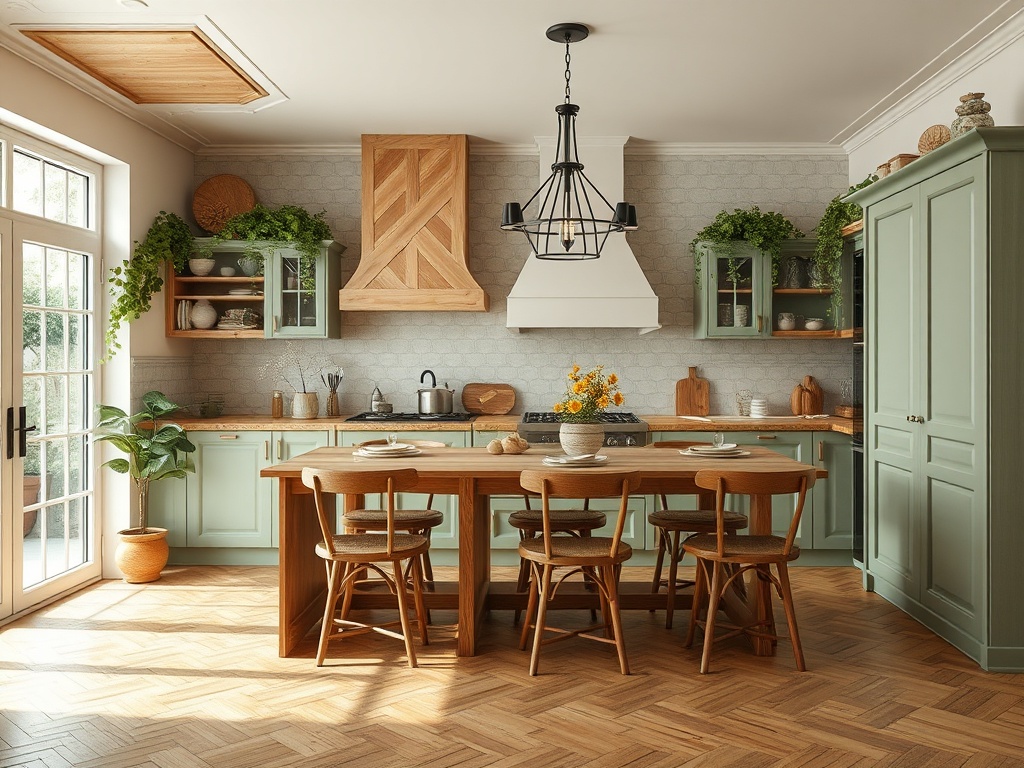 Современная кухня с зелеными шкафами, деревянным столом и уютной атмосферой. Деревянный пол и растения добавляют уюта.
