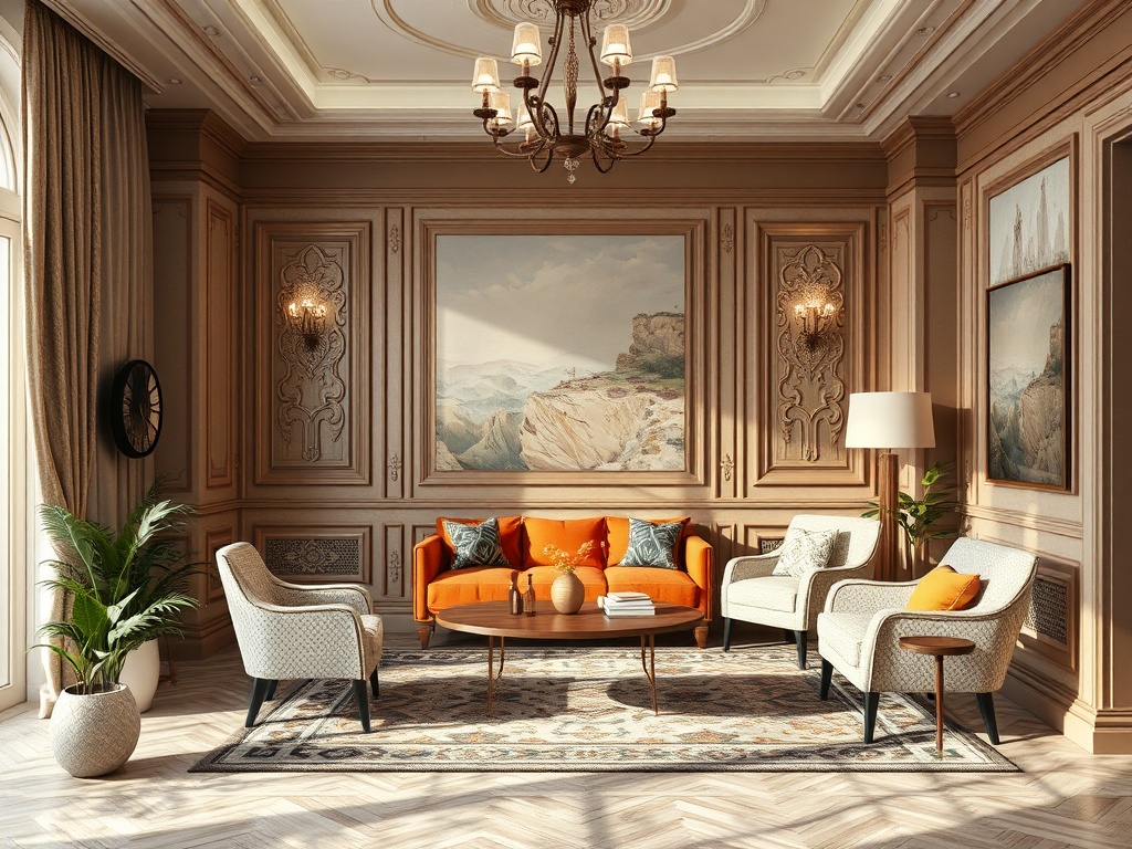 Современный интерьер с оранжевым диваном, уютными креслами и светлыми стенами в классическом стиле.