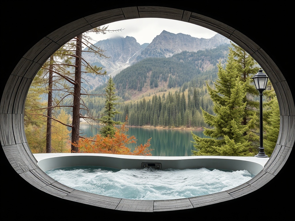 Вид на горное озеро и лес из окна с гидромассажной ванной. Спокойная, живописная атмосфера.