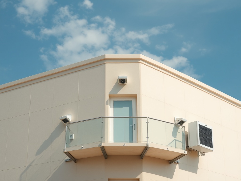 Угловая часть здания с балконом, свежим воздухом и камерами на фоне голубого неба.