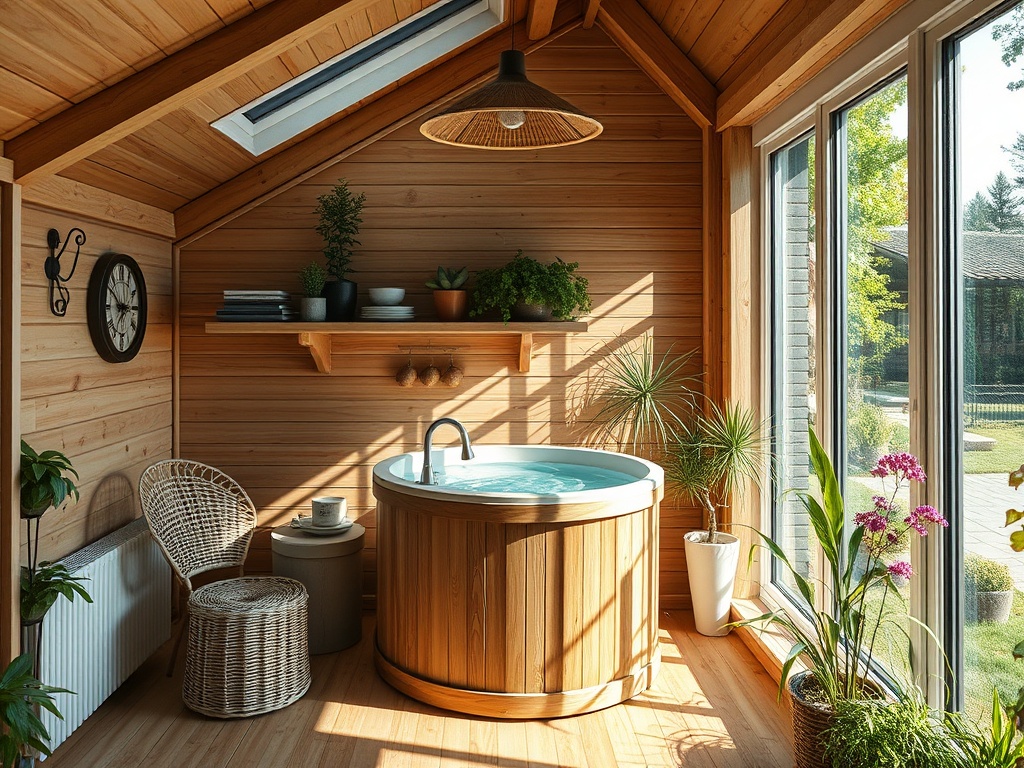 Элегантная деревянная ванна в уютной комнате с большими окнами и растениями. Уютная атмосфера для отдыха.