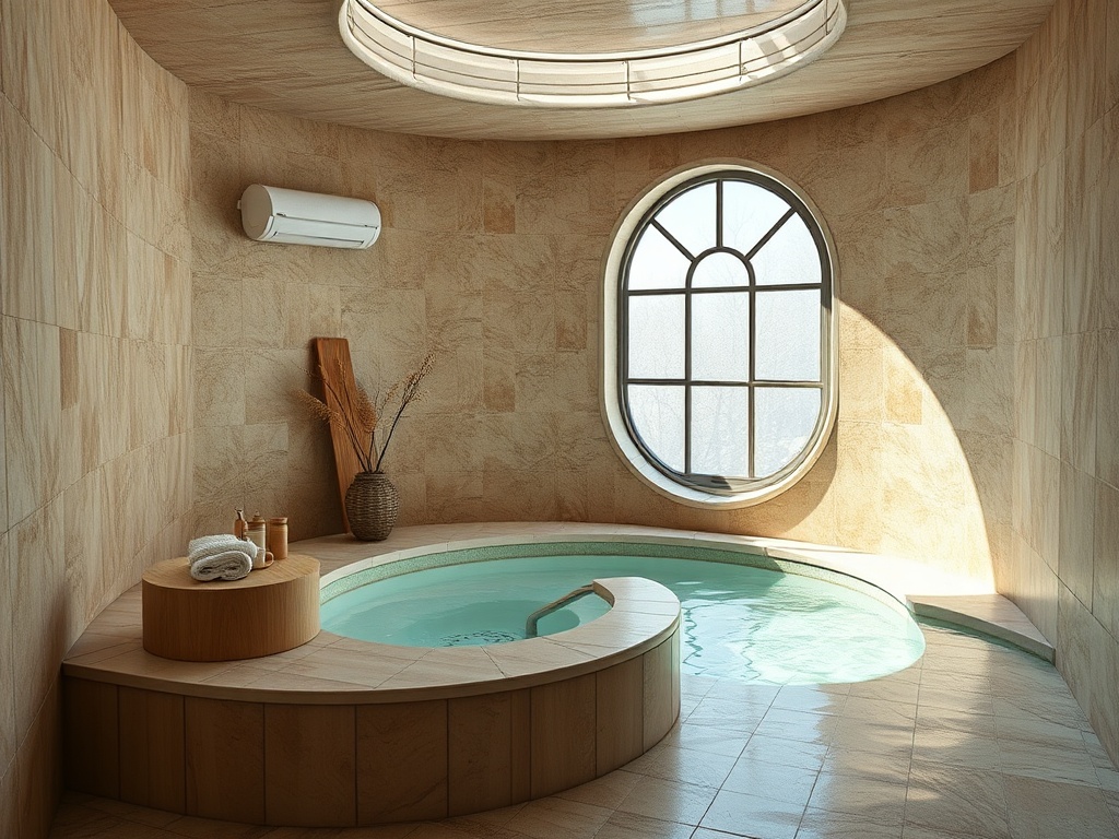 Современная спа-комната с круглым окном, бассейном и элементами из дерева, создающими атмосферу спокойствия.