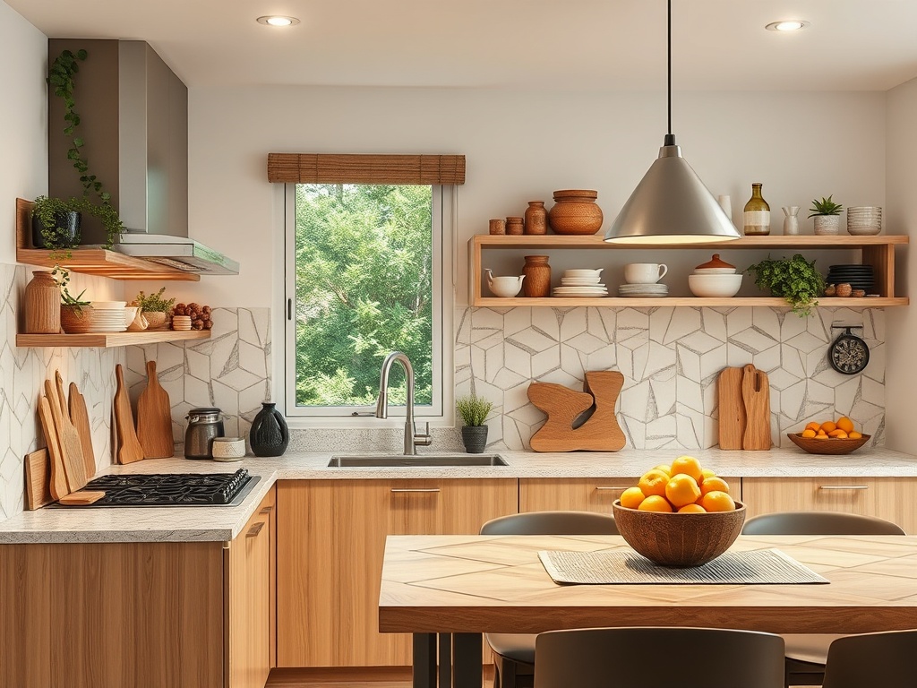 Современная кухня с деревянными полками, столом и фруктами в миске, радужным светом и зелеными растениями.