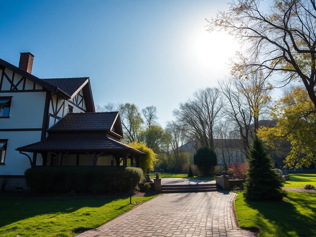 Солнечный день, красивый дом и ухоженный сад с зелеными деревьями и аккуратной дорожкой.